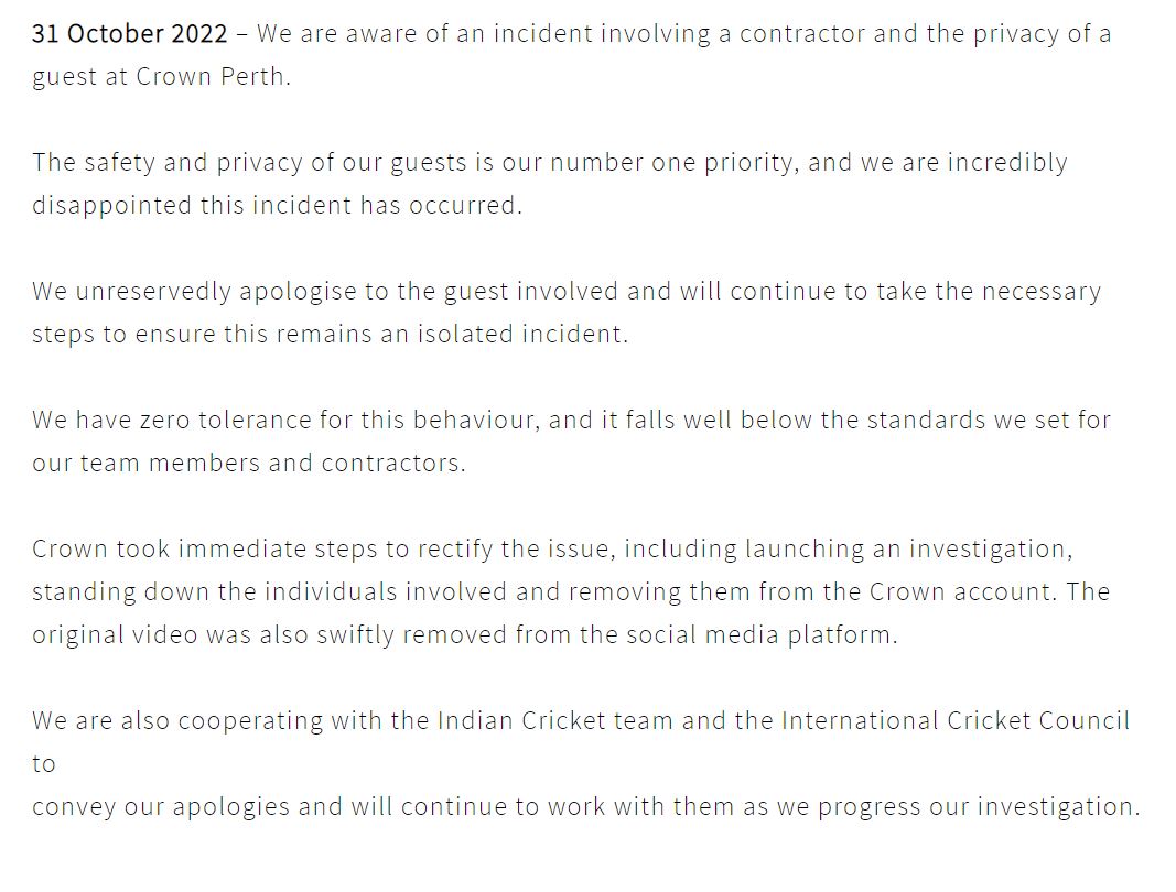 Virat Kohli से होटल क्राउन पर्थ ने मांगी माफी, कर्मचारी को किया